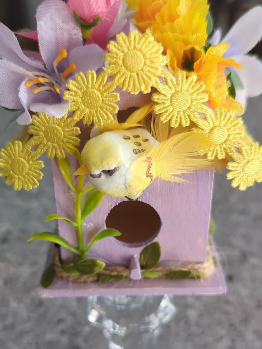 Whimsical Handmade Lilac Floral Birdhouse Decor Piece